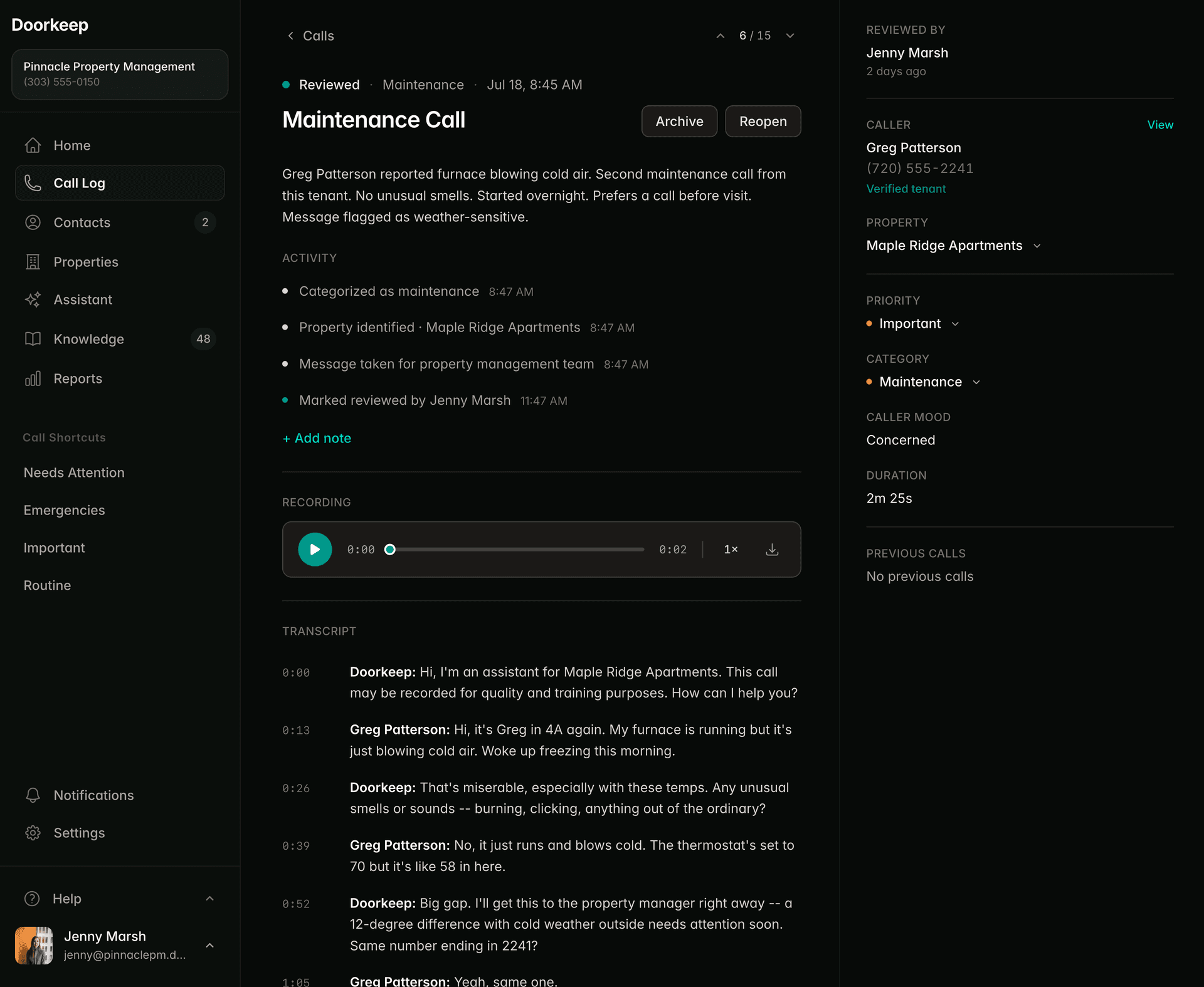 Doorkeep call detail with summary, transcript, and activity trail