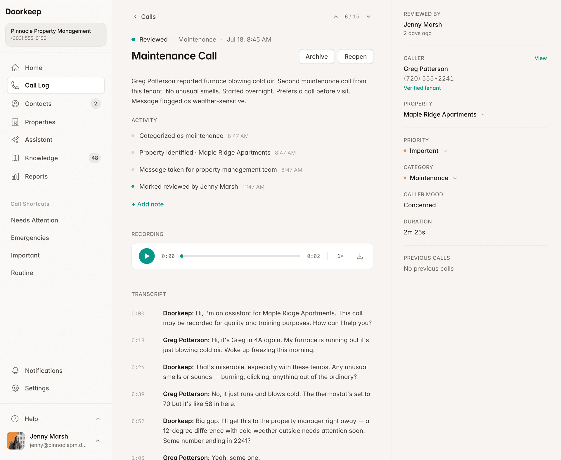 Doorkeep call detail with summary, transcript, and activity trail
