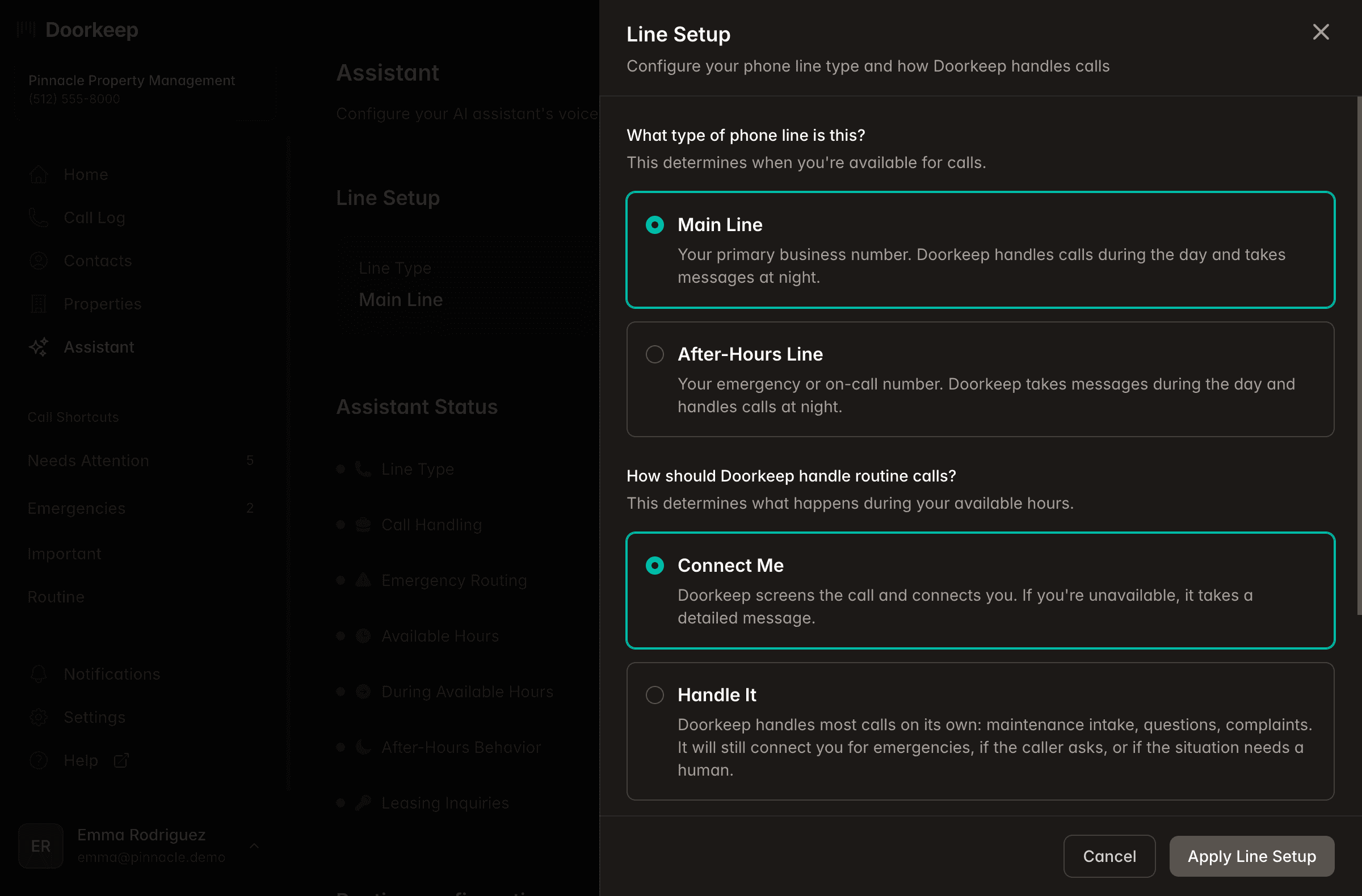 Doorkeep assistant configuration panel showing call handling options