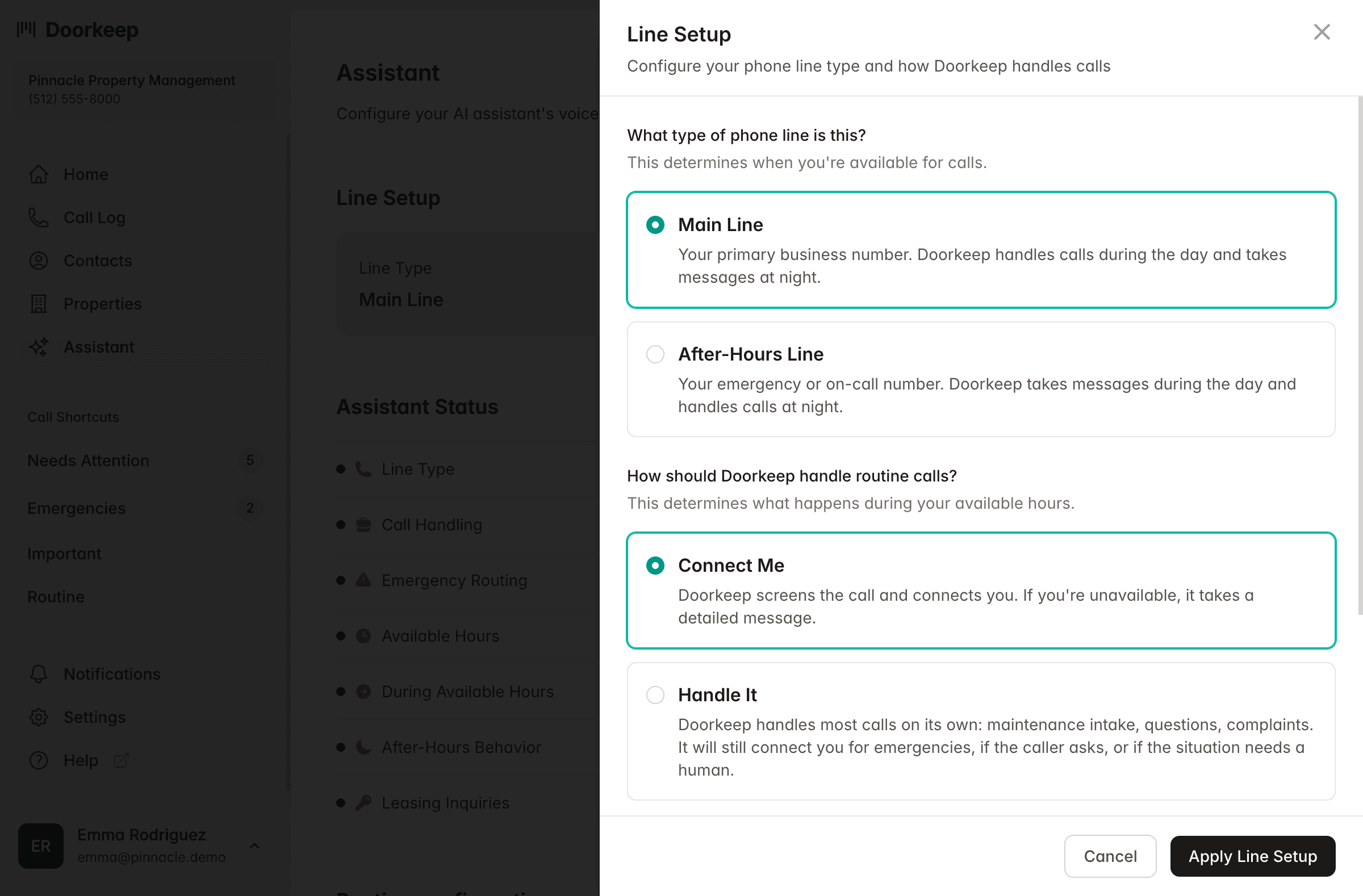 Doorkeep assistant configuration panel showing call handling options