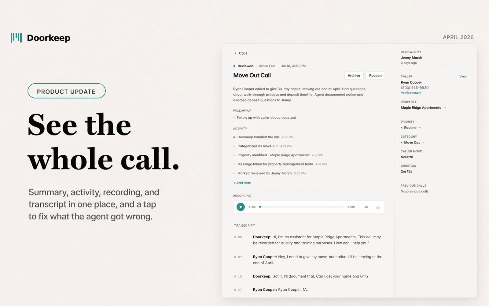 Product update banner reading See the whole call, showing the redesigned call record with its summary, activity trail, recording player, and transcript