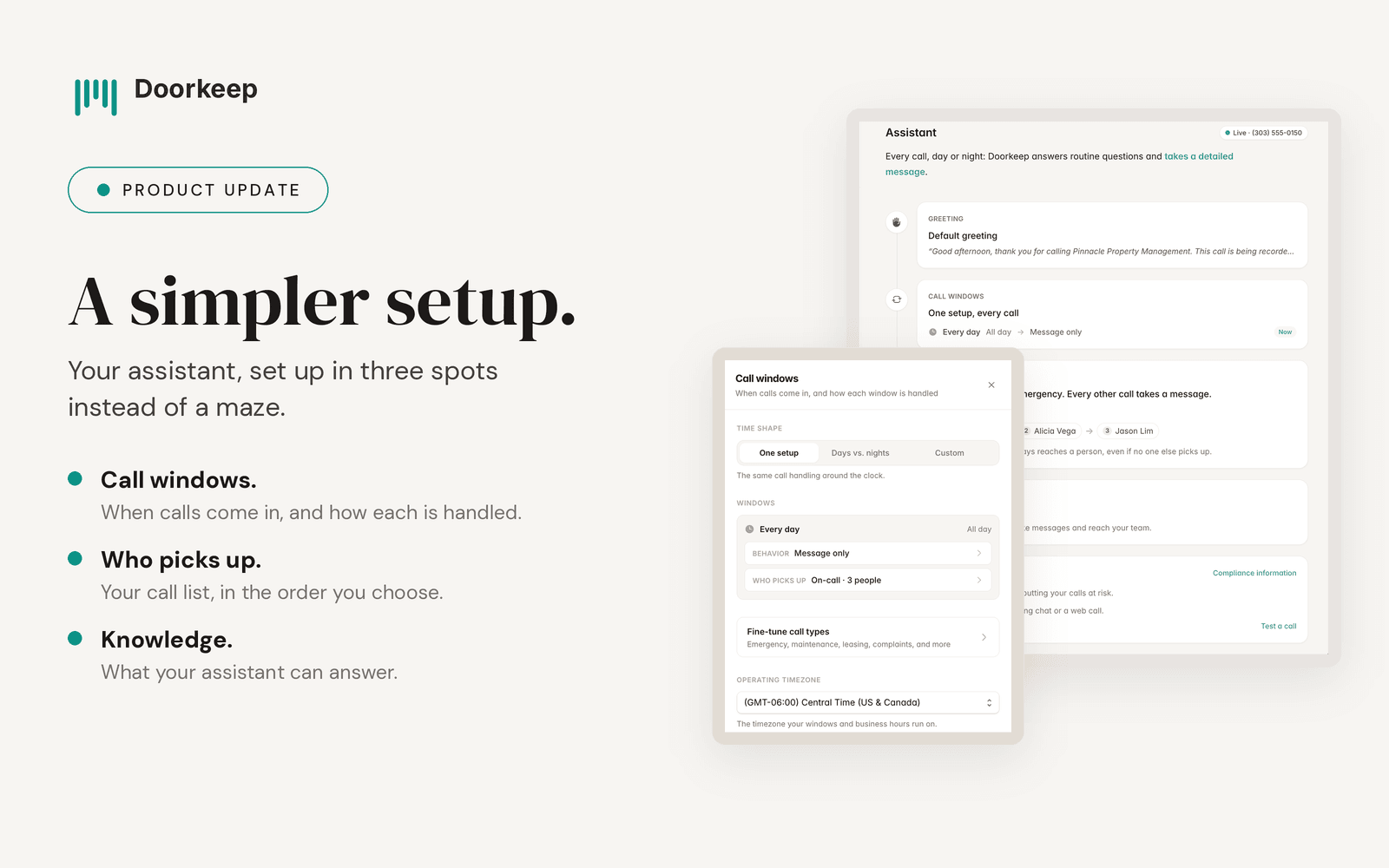A Simpler Assistant Setup announcement banner, showing the assistant configured in three spots: call windows, who picks up, and knowledge