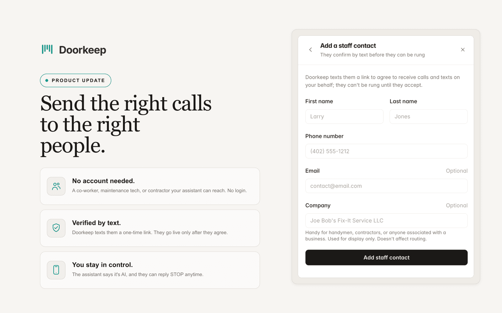 Staff Contacts announcement banner reading Send the right calls to the right people, showing the add-a-staff-contact form and its text verification step