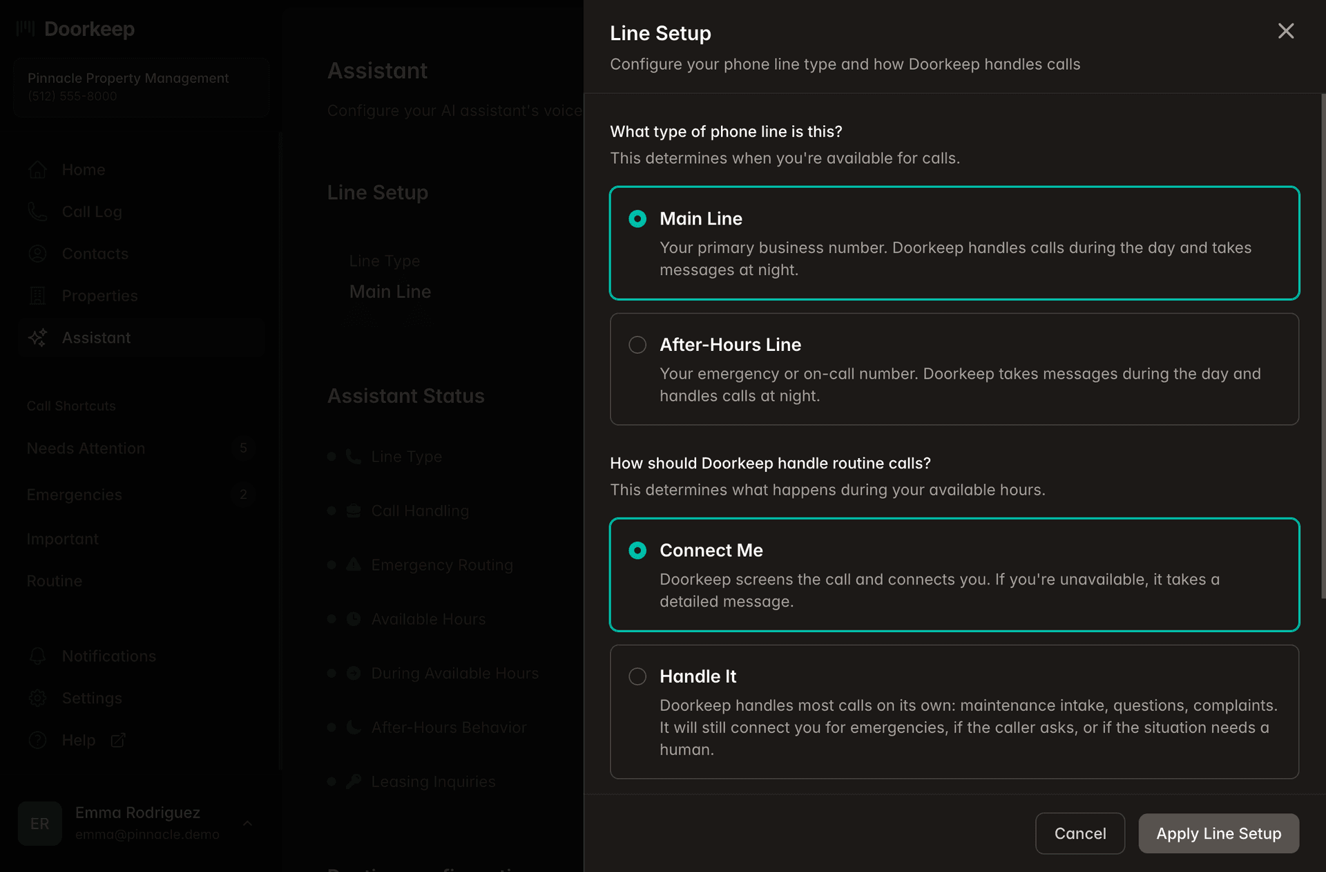 Doorkeep assistant configuration panel showing call handling options