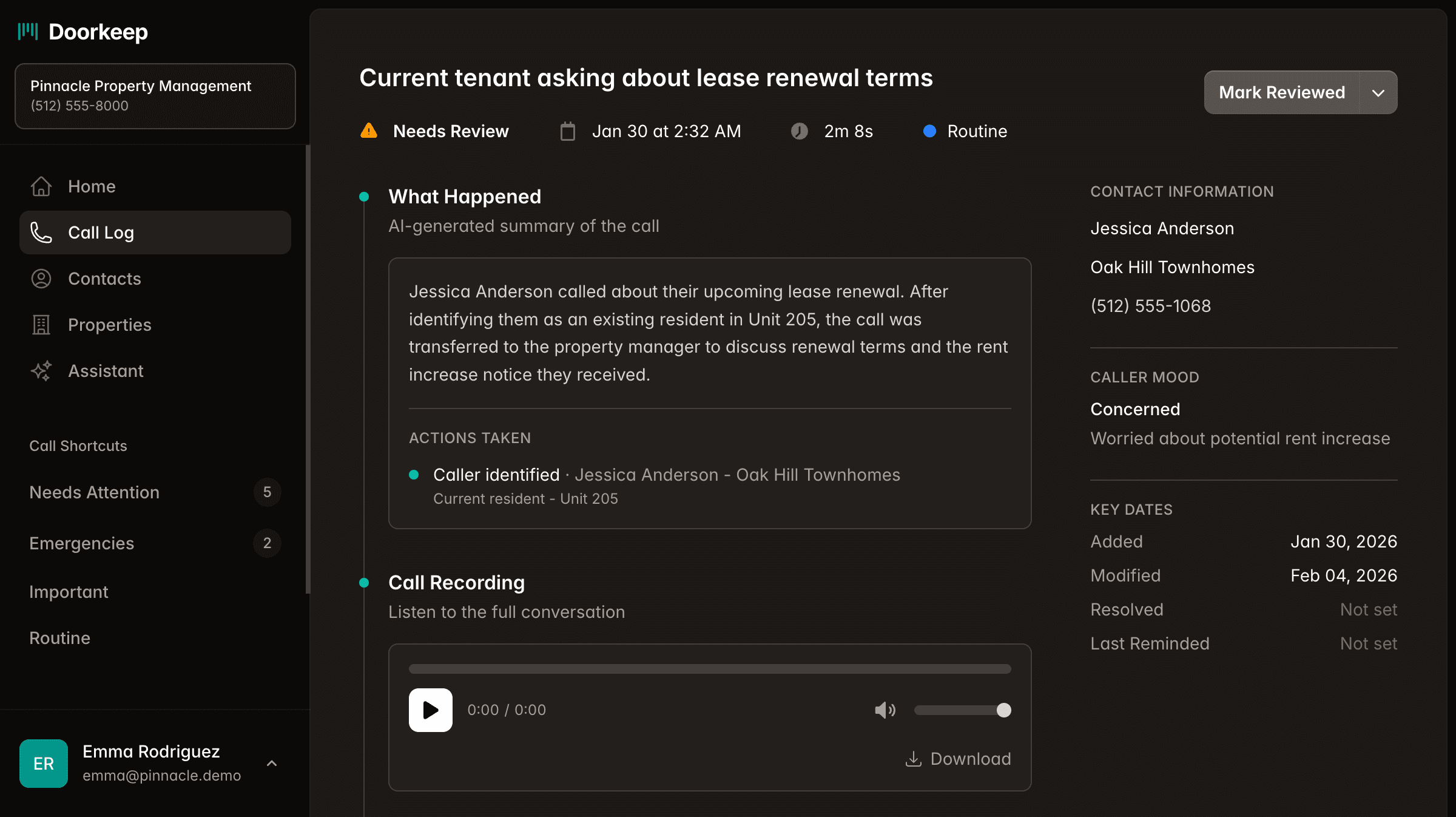 Doorkeep dashboard showing a call log with AI-generated summary