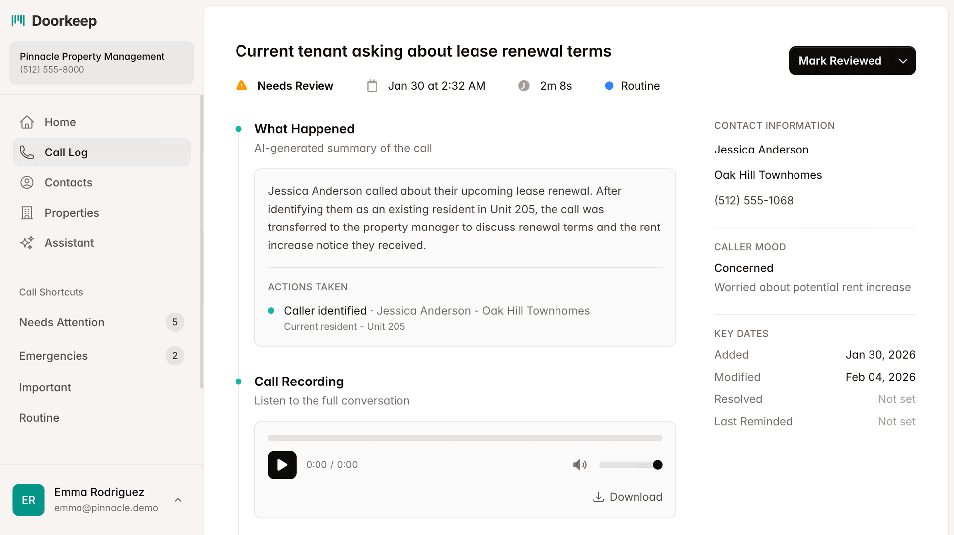 Doorkeep dashboard showing a call log with AI-generated summary