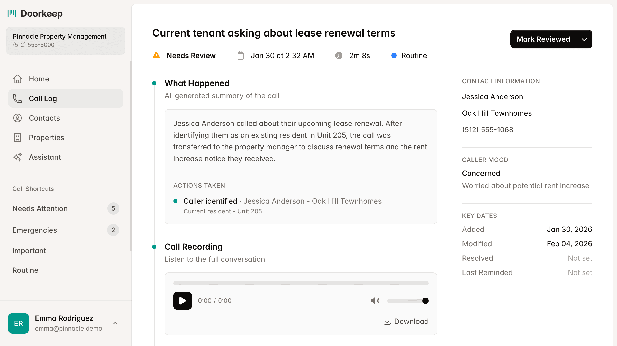 Doorkeep dashboard showing a call log with AI-generated summary