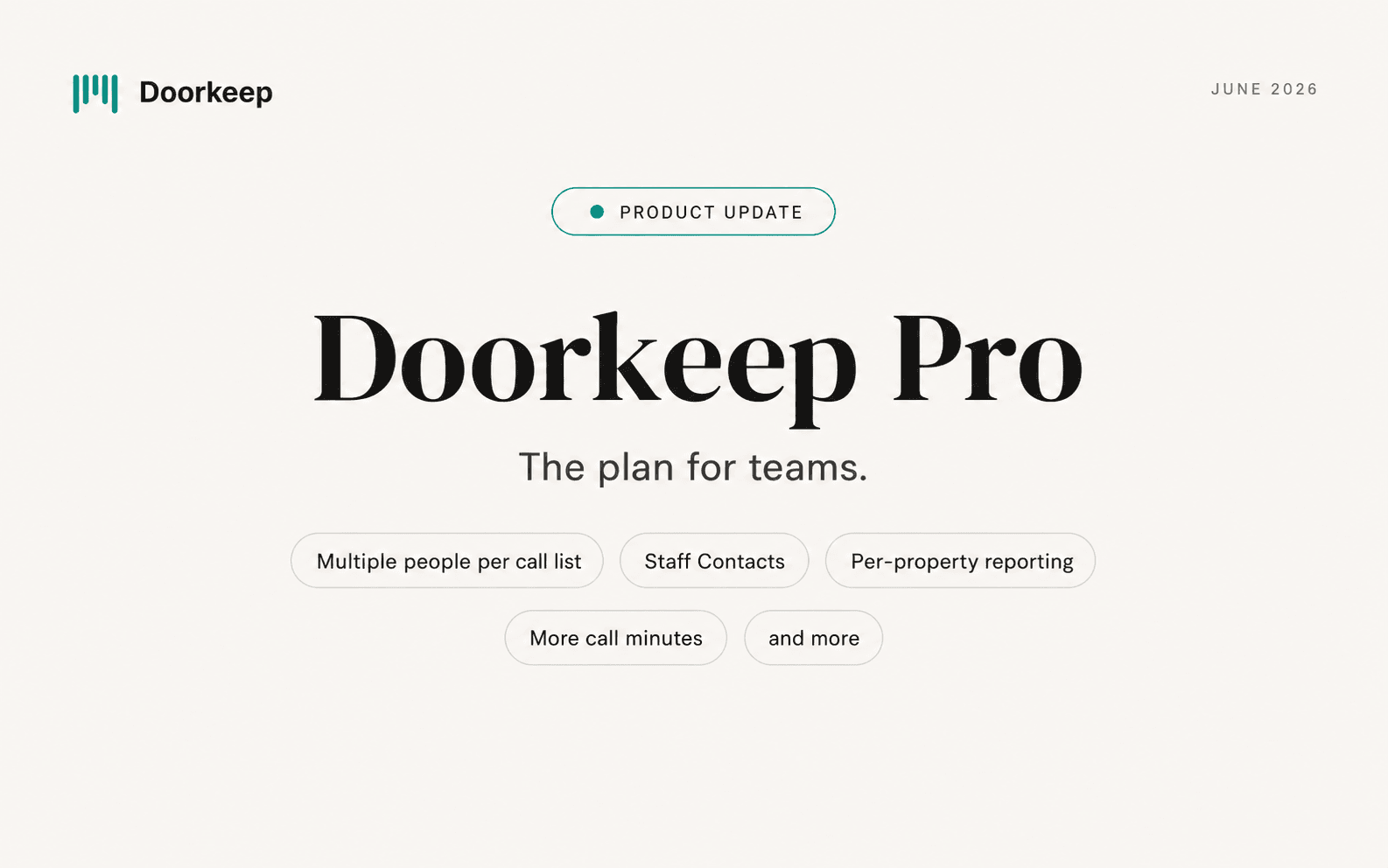 Doorkeep Pro announcement banner: the plan for teams, with multiple call lists, more included minutes, staff contacts, and reporting by property
