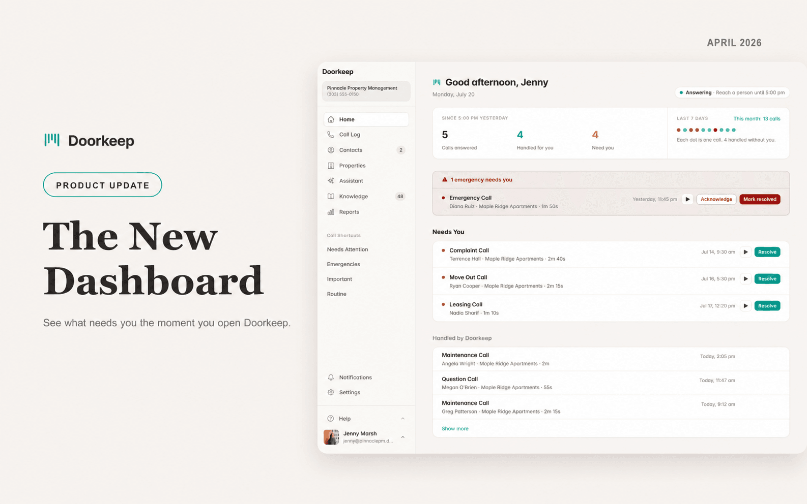 The New Dashboard announcement banner, showing the redesigned home screen with an emergency pinned at the top, a Needs You list, and handled calls below