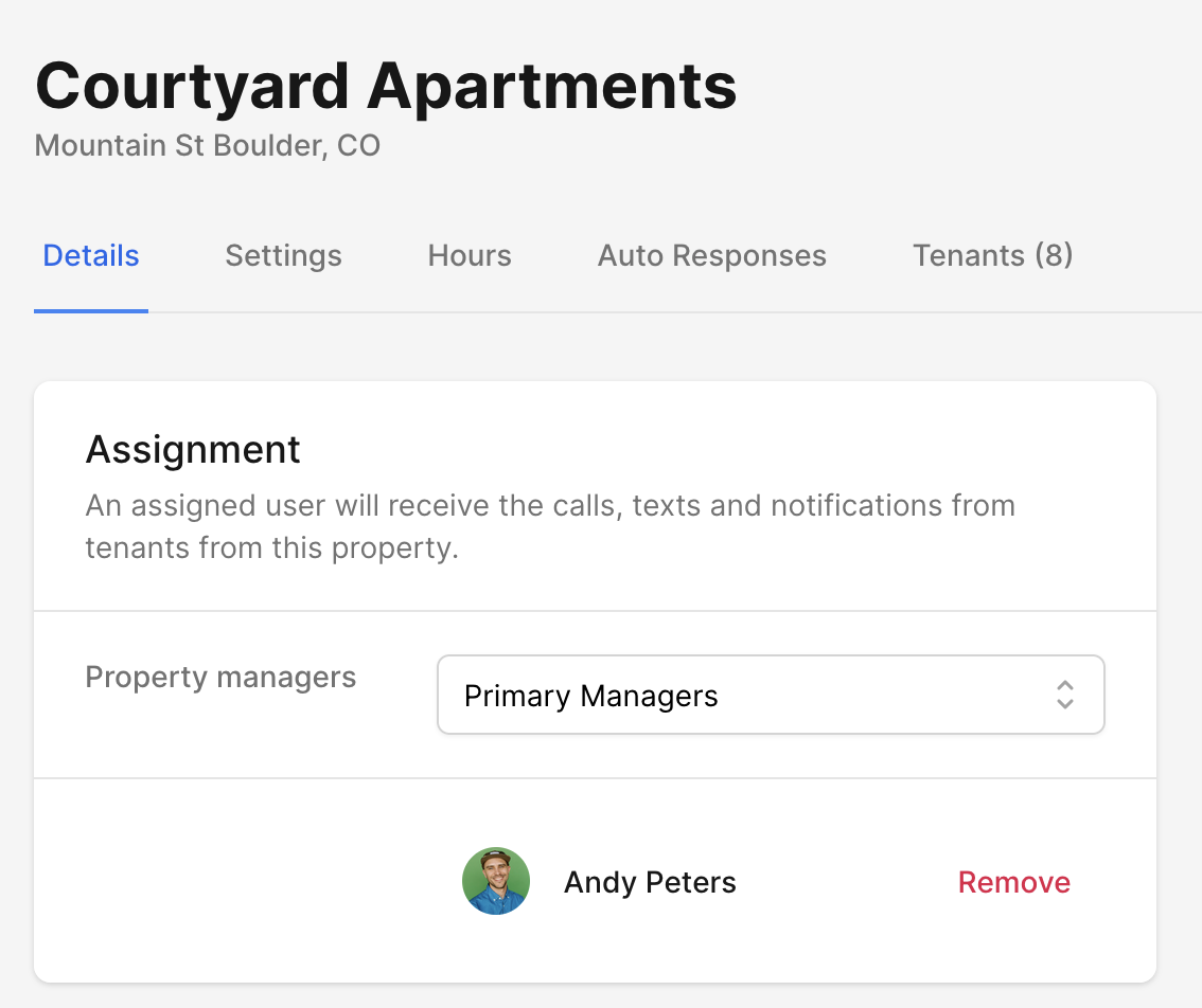 Property manager assignment for call and text message routing